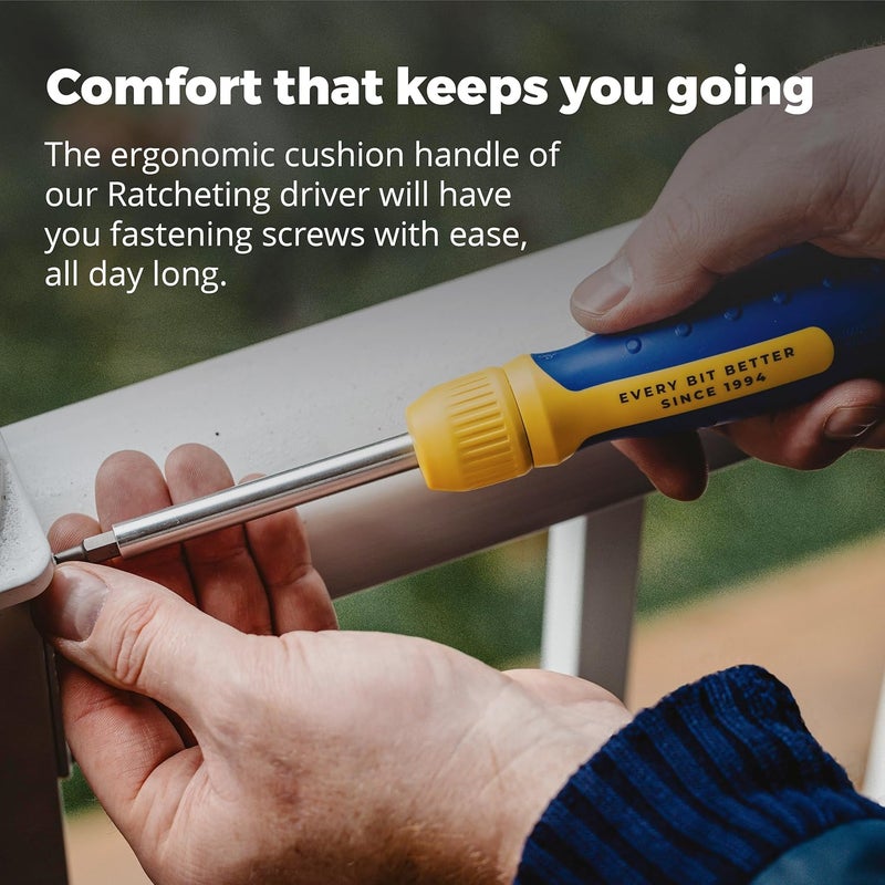 Megapro RATCHETING SCREWDRIVER - 13-in-1 Multi Bit Screw Driver w/ " Hex Shaft for Phillips, Star, Flat, Square Bit - Retractable Cartridge - Multi Screwdriver (Yellow) - Image 4